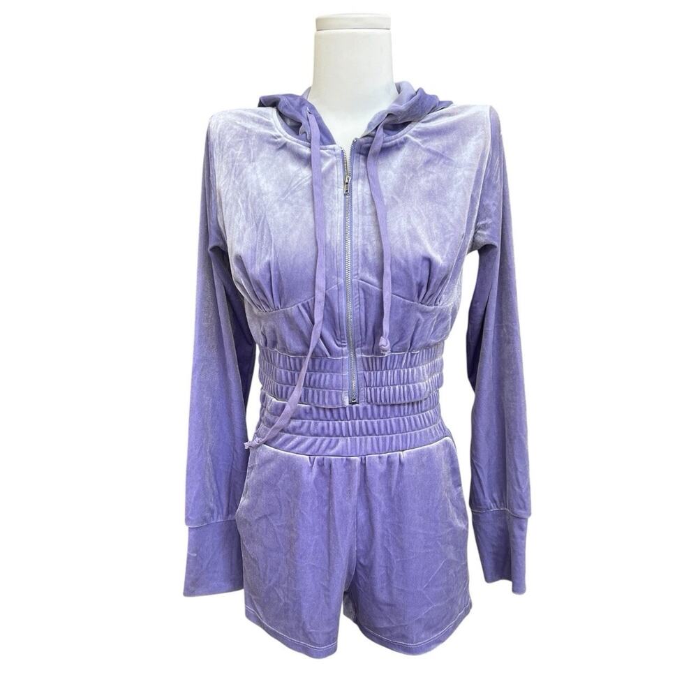 TIC TOC Purple Velvet Crop Hooded Full Zip Jacket Elastic Waist Shorts Set Sz S
